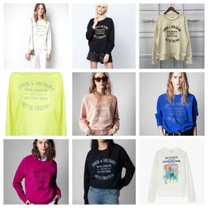 Zadig Voltaire Womens Hoodies Sweatshirts 23AW ZV Klasik Mektup Nakış Raglan Sweve Sweatshirt Gümüş Parlak Yuvarlak Boyun