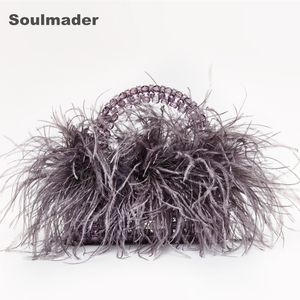 Evening Bags Pearl beaded evening bag Ostrich feather fur designer Clear Acrylic crystal stone box tote handbag women handmade party purse 230428