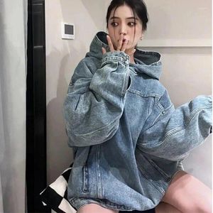 Women's Hoodies Tide Vintage Denim Hooded Sweatshirt Women Harajuku Y2k Streetwear Pullover Hip-hop Casual Loose Long Sleeve Jacket Tops