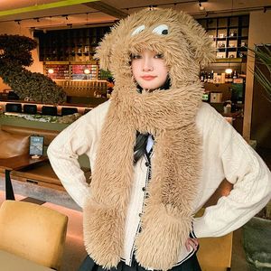 Beanie/Skull Caps Cute Plush Hat Scarf All In One Winter Women Fluffy Thermal Warm Scarf Hat Sets Thickened Ear-protection Windproof Scarves Cap 231128