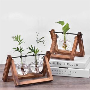 WITUSE Plant pot Flower pot pans Vintage Wood Stand Clear Mini Bulb Vase Glass Planter For Home Wedding Decor 210712231B