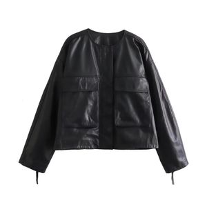 Womens Leather Faux Zach Ailsa Autumnwinter Fashion Temperament Black Round Neck Casual Imitation Jacket 231129