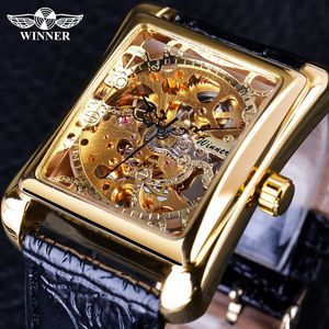 Armbanduhren Gewinner Retro Casual Serie Rechteck Zifferblatt Design Goldene Muster Hohl Skeleton Uhr Männer Uhr Top Marke Luxus Mechanische 231128