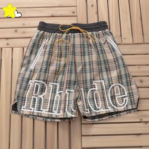 Qualität hoch in Maschendruckplaid Shorts Männer Frauen Rotgrün Aprikosenhose