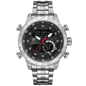 Snaggletooth Shark Sport Watch LCD Auto Date Alarm Steel Band Chronograph Dual Time Men relogio Quartz Digital Wristwatch SH589 Y3122
