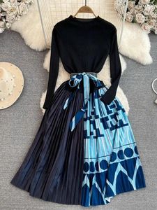 Повседневные платья Осень-зима Винтажное платье-свитер с цветными блоками и принтом Женское вязаное платье-свитер с длинным рукавом на шнуровке Плиссированные платья миди Vestidos