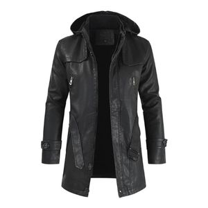 Mens Leather Faux Autumn Hooded Winter Long Coat Trench Motorcykeljackor Trendiga fleece varm bekväm vindbrytare 231129