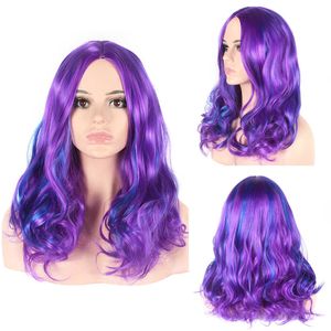 Perucas sintéticas peruca dividida longo cabelo encaracolado feminino fibra química roxo azul de alta temperatura seda rosa mh cabeça capa