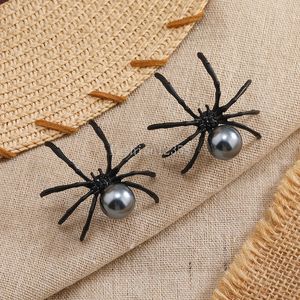 Exaggerated Halloween Spider Insect Animal Earrings For Women Personality Punk Black Spider Alloy Pearl Jewelry Ear Stud Jewelry
