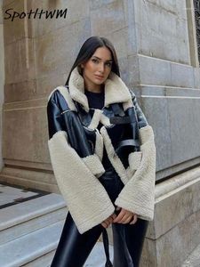 Women's Jackets Fur Leather Teddy Crop Quilted Patchwork Jacket Lapel Women Long Sleeve Short Coat Female Fashion Streetwear