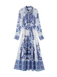 2023 Casual Kleider Sommer Splitter Blau Und Weiß Porzellan Chiffon Kleid Frauen Perlen Revers Laterne Ärmel Bogen Schärpen Elegantes Langes Kleid