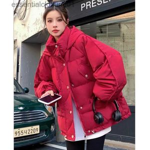 Mulheres Down Parkas Red Down Jacket Mulheres Casaco Com Capuz Moda Americana Streetwear Y2K Estilo Duck Down Feather Fe Inverno Roxo Curto Outwear L231129