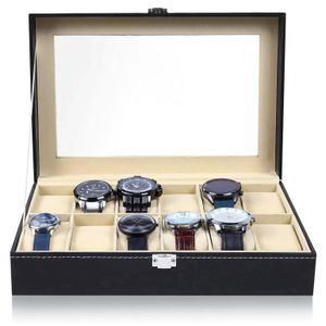 Cajas para relojes Cajas 6/10/12 Rejillas Caja de reloj de cuero Soporte para vitrina Caja de almacenamiento negra Organizador de joyas de vidrio para hombres y mujeres Caja de regalo 231128