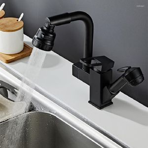 Kitchen Faucets & Cold Soild Brass Sink Mixer Taps Pull Out Side Single Handle Deck Mount Splash Proof Water Rotating Black