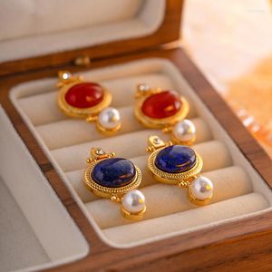 Dangle Earrings 2023 Oval Shape Stud Gold Color Natural Stone Quartz Crystal Lapis Lazuli Healing Jewelry Female