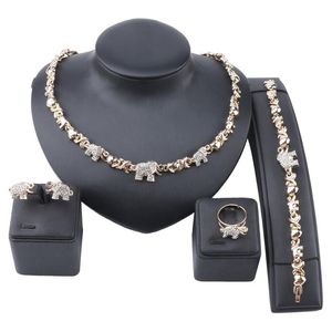 African Jewelry Elephant Crystal Necklace Earrings Dubai Gold Jewelry Sets for Women Wedding Party Bracelet Ring Set277j