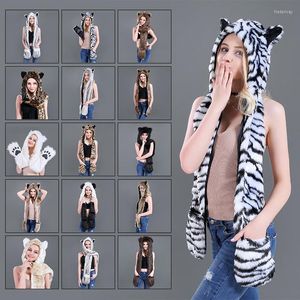 Boinas Faux Fur Hijab Hat Hat Luvas de cachecol de animais Chapéus integrados para mulheres