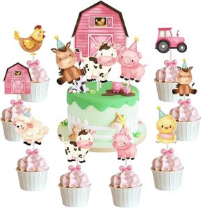 Cake Tools Pink Farm Anims Birthday Cake Decorations Farm Animals Themed Cake Cupcake Topper For Girl Baby Shower Birthday Party Supplies 231129