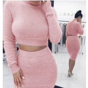 Women's Tracksuits Two Piece Set Women Sweater Pencil Skirt Suit Long Sleeve Fleece Crop Tops Bodycon 2 Pieces Knitted Tracksuit