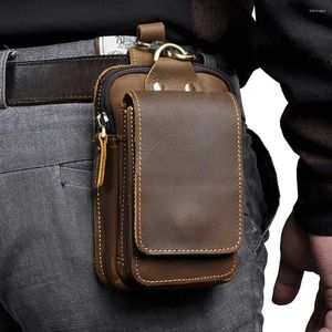 Midjesäckar män fanny pack mobiltelefon fodral pocket handväska rese manlig läder krok höft bum bälte väska