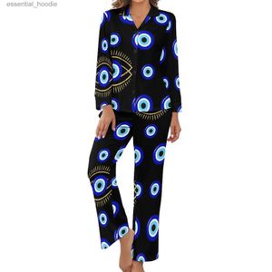 Feminino sleep lounge evil eye pijamas mulher vintage impressão quente sleepwear primavera longo sle duas peças quarto com decote em v padrão conjuntos de pijama l231129