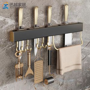 Organisation Kitchen Organizer Knife Rack med krokstänger Wallmontered Storage Tool Holder Black Gold Aluminium Shelf Hushållstillbehör