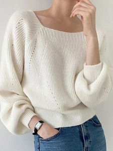 Женские свитера, винтажный женский свитер с квадратным воротником, свободный осенне-зимний джемпер с длинными рукавами, модный однотонный вязаный женский пуловер, топы 231129