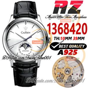 Azf Master Ultra Thin 1368420 Cal.925 Mens Aments Aments Watch Moon That 39mm مقاومة للصدأ ، Silvery Dial Black Leathe