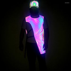 Herrenwesten 2023 Unregelmäßiges Design Techwear Regenbogenfarbe Reflektierende Weste Männer Frauen Nachtclub DJ Sänger Hip Hop Outfit Weste