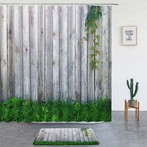 Shower Curtains Old Wood Grain Print Set Bath Mats Garden Background Decor Bathroom Carpet Screen Entrance Door Mat Non-slip Rug