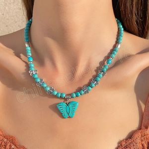 Vintage Turquoise Stone Butterfly Pendant Collar Necklace Bohemian Style Strand Choker Necklaces Female Jewelry Gift