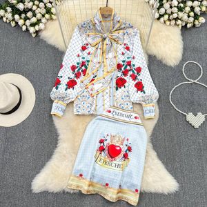 Two Piece Dress Runway Skirt 2 Piece Set Women Bow Neck Lantern Sleeve Flower Blouse Tops and High Waist A-Line Skirt Suit Female Clothing 2023