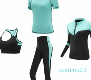 Conjunto de roupas esportivas femininas de secagem rápida, fitness, academia, yoga, conjuntos de terno, casaco + sutiã + camiseta + leggings, treino de corrida