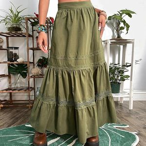 Röcke Damen Langer Rock A-Form Frauen Spitzenbesatz Lockere Passform Sommer Boho-Stil Hohe Taille Vintage Tägliches Outfit
