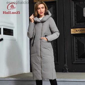 Women's Down Parkas HaiLuoZi 2023 New Winter Down Jacket Hooded Zippers Design Long Fe Parka Slant Planket Solid Color Warm Coats Women 3006 L231129