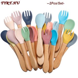 Fincan tabakları kaplar tyry.hu 2pcs bebek bambu çatal silikon ahşap bebek besleme kaşık küçük çocuklar bebek besleme aksesuarları organik bpa ücretsiz gıda sınıfı p230314