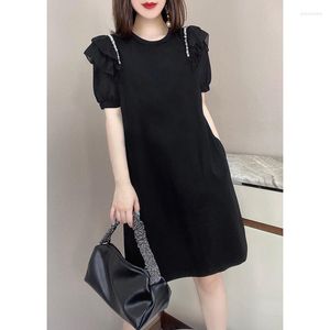 Parti Elbiseleri Siyah gevşek düz elbise kadınlar yaz Kore moda kısa puflu kol patchwork boncuklu midi