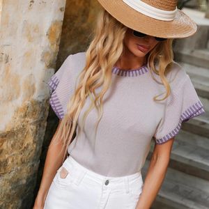 Women's Sweaters Spring Summer T-Shirt Female Clothing Knitwear Patchwork Vintage Boho Basic Tops Women Solid Color Round-Neck