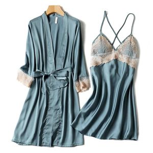 Women's Sleepwear Sexy Kimono Bathrobe Gown Intimate Lingerie Blue Bride Bridesmaid Wedding Robe Set Casual Lace Soft Homewear