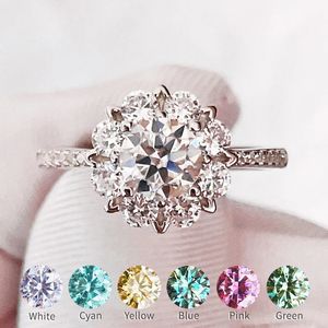 Wedding Rings Flower Design Ring 051CT Color Blue Cyan Pink Red Yellow Green White 925 Silver Retro Style For Women Diamond 231128