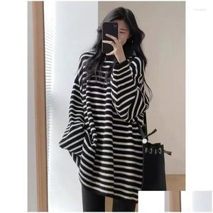 Womens T-Shirt T Shirts Fashion O-Neck Loose All-Match Striped Female Clothing 2023 Autumn Winter Casual Plovers Korean Tee Shirt Drop Dhusn