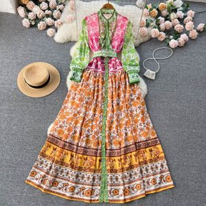 Casual klänningar 2023 Högkvalitativ sommarkvinnor Fashion Runway Chiffon Dress Lantern Sleeve ColorBlock Flower Print Lous Long Dresses