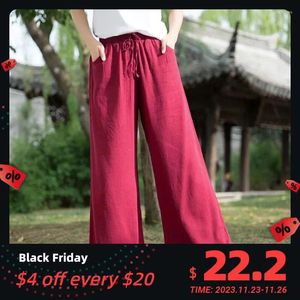 Women's Pants Yasuk Spring Summer Female Casual Soft Comfortable Bandage Loose Cotton Linen Wide-Legged Long Chinese Style Retro Slimmer