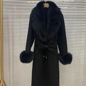 Damen-Wollmischungen, langer Damen-Wollmischungsmantel mit großem echten Fuchspelzkragen, modische, schlanke Winterwolljacke mit Gürtel, Oberbekleidung mit Fuchspelz-Manschette 231129