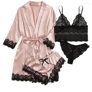 Kvinnors sömnkläder kvinna pajamas 4st blommor spets trim satin hängslen set mante sexig faux siden set casual hemkläder nattkläder