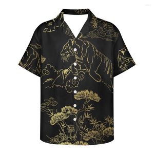 Men's Casual Shirts Japanese Style Tiger Black Golden Pattern Men's Comfort Tops Good Quality Custom Wear Holiday Beach Party