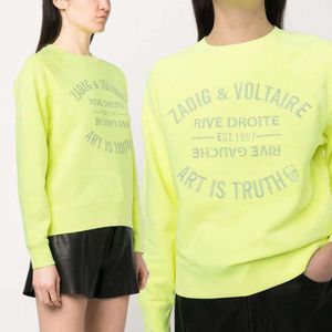 Женские толстовки с капюшоном Zadig Voltaire Женские толстовки с капюшоном ZV Классическая буквенная вышивка с рукавами реглан Серебристый глянцевый свитер с круглым вырезом