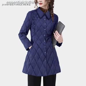 Women's Down Parkas Vintage Embroidered Blue Denim CLoth Down Jacket Women New Long Winter Coat Warm Thickened Pointed Collar Fashion Casual Jackets L231129