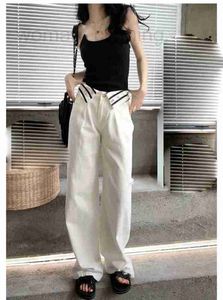 Women's Jeans Designer Quality Summer Small Fragrant Flipped Striped Waist Jeans with Broken Holes, Straight Barrel, High Waist, White Jeans Pants FXLZ