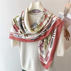 Halsdukar Fashion Floral Print Twill Silk Square Scarf For Women Design pannband Bandana Lady Shawl Wraps 90x90cm Hijab Headscarf Foulard J230428